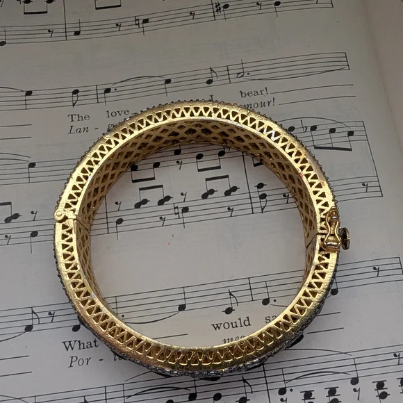 Gold-Tone Blue Sapphire Halo Bangle Bracelet - Picture 12 of 12